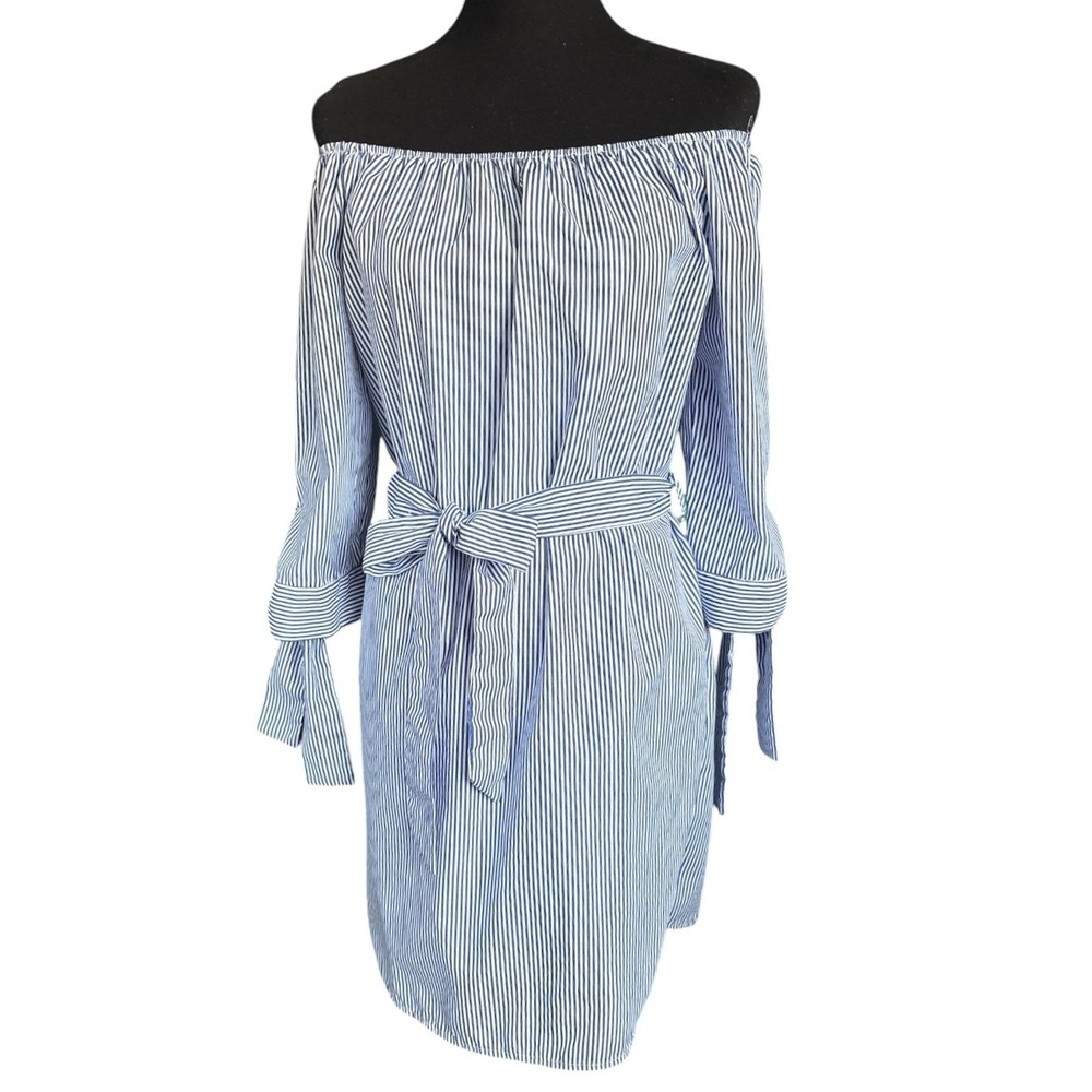 Roommates Blue & White Striped Off-Shoulder Dress, Large, Summer Travel Resort